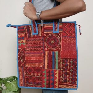 Boho Patchwork Tote Bag with Hand-Embroidery -(TOTB1021)